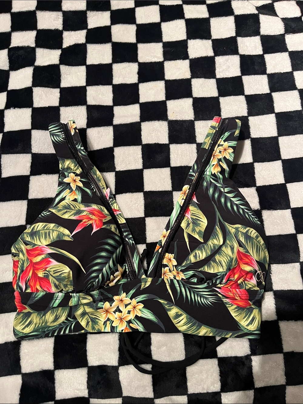 Calia Tropical Floral V-Neck Bikini Top - Black Base with Green & Red Print